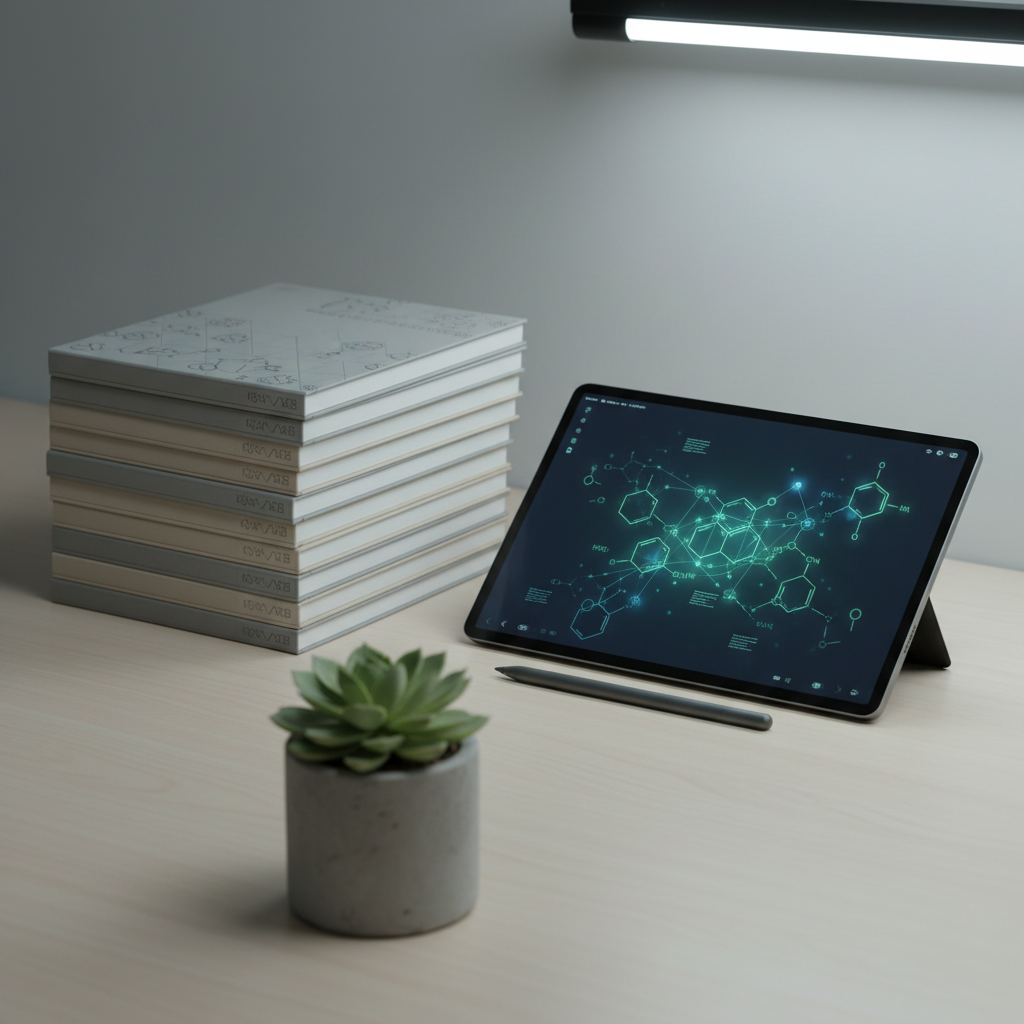 A balanced arrangement of neatly stacked, muted grey and beige research notebooks with embossed labeling, placed beside a digital tablet displaying complex molecular diagrams on a smooth, uncluttered office desk. The structured workspace is accented by a minimalist concrete planter holding a small green succulent. Cool, soft artificial overhead lighting lends clarity, producing subtle mid-tone shadows while maintaining a neutral color palette and clean visual lines. Captured from a slightly elevated angle with the central element in sharp focus, the overall effect is orderly and composed, reflecting a modern, corporate yet approachable bioconsulting aesthetic.